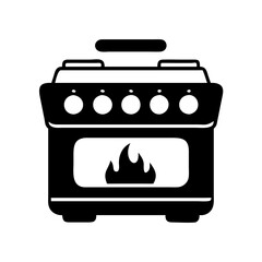 Black and White Illustration of a Gas Stove with Oven and Flame