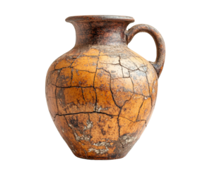 Ancient pottery artifact display museum still life isolated on transparent background