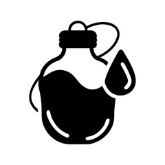 Black silhouette icon of a water canteen or hydration bottle with a single drop of water falling from it representing thirst quenching hydration camping equipment