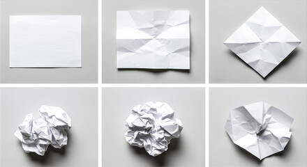 six stages of crumpled paper: from flat to ball