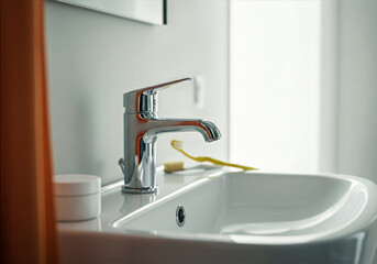 close-up of a modern faucet and white bathroom sink