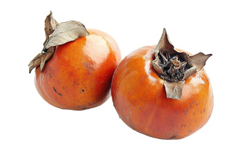 Close-up image of two ripe persimmons with dried leaves on a light-colored surface.