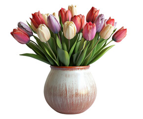Colorful tulip bouquet in elegant vase home isolated on transparent background