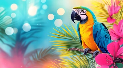 Fototapeta premium Tropical parrot macaw perched on branch surrounded by lush pink tropical flowers in a vibrant bokeh lit background a cheerful avian portrait
