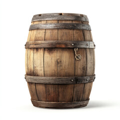 Obraz premium Aged wooden barrel, sturdy and substantial, with visible wood grain, dark metal hoops, and a rope handle. Detailed craftsmanship is evident