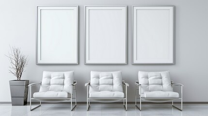 three empty poster frames in a minimalist living room,design,decor,empty