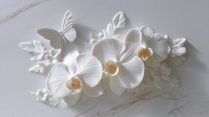 Orchid, Clivia petals, butterfly, delicate relief, smooth white marble material.