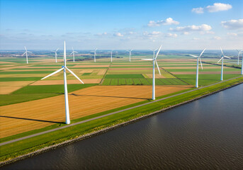 coastal wind turbines generating clean energy in a sunny landscape