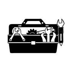 A Black and White Illustration of a Tool Box Filled with Various Hand Tools