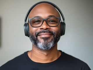 Smiling businessman attending a virtual meeting wearing headphones modern apartment neutral background
