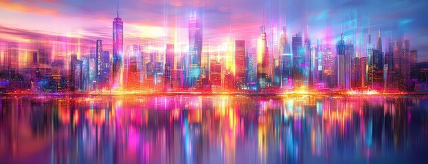 Vibrant cityscape reflected in tranquil water at sunset, showcasing colorful skyscrapers and neon lights