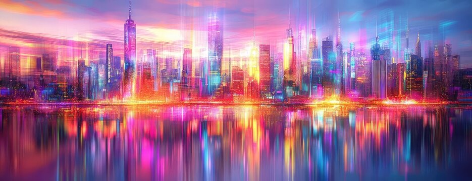 Vibrant cityscape reflected in tranquil water at sunset, showcasing colorful skyscrapers and neon lights