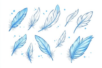 Set of stylized light blue and white feathers
