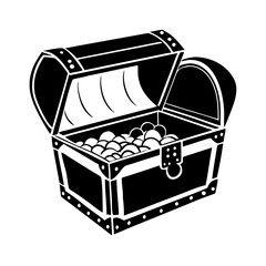 A Black and White Illustration of an Open Treasure Chest Filled with Gold Coins