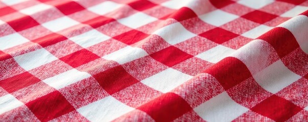 Fototapeta premium Crisp red & white checkered linen tablecloth, textured weave , checkered, kitchen, table