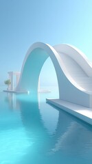 Naklejka premium A white arched bridge over water, in a futuristic style, with a cinematic feel. Rendered using an Arri Alexa camera, this architectural rendering has a minimalist aesthetic with no.