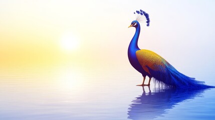 Majestic peacock gracefully stands amidst shimmering waters at dawn radiating ethereal beauty and capturing a serene moment of natural elegance and tranquility