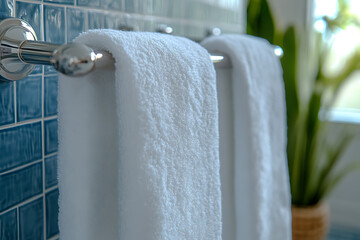 White towels hanging on a chrome rack in a modern bathroom setting
