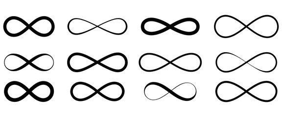 Black infinity icon. Collection of infinity symbols in various styles. Infinity symbol black on a white background.