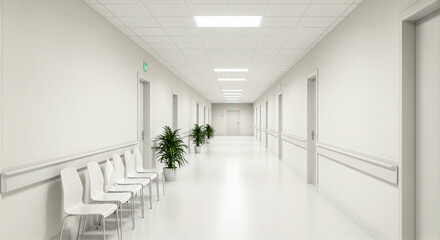 Fototapeta premium sterile white hospital hallway with rows of chairs