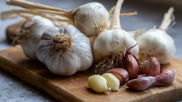 An assortment of garlic bulbs and cloves is beautifully arranged on a wooden cutting board, showcasing the raw, natural beauty of ingredients used in cooking and flavoring.