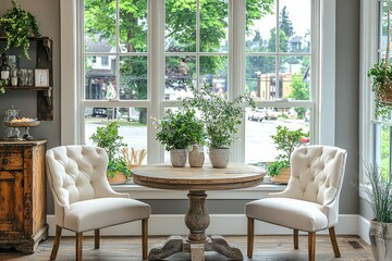 
Farmhouse dining nook with round table, cream-colored chairs, antique wooden console, and natural wood flooring, featuring large windows with street view.