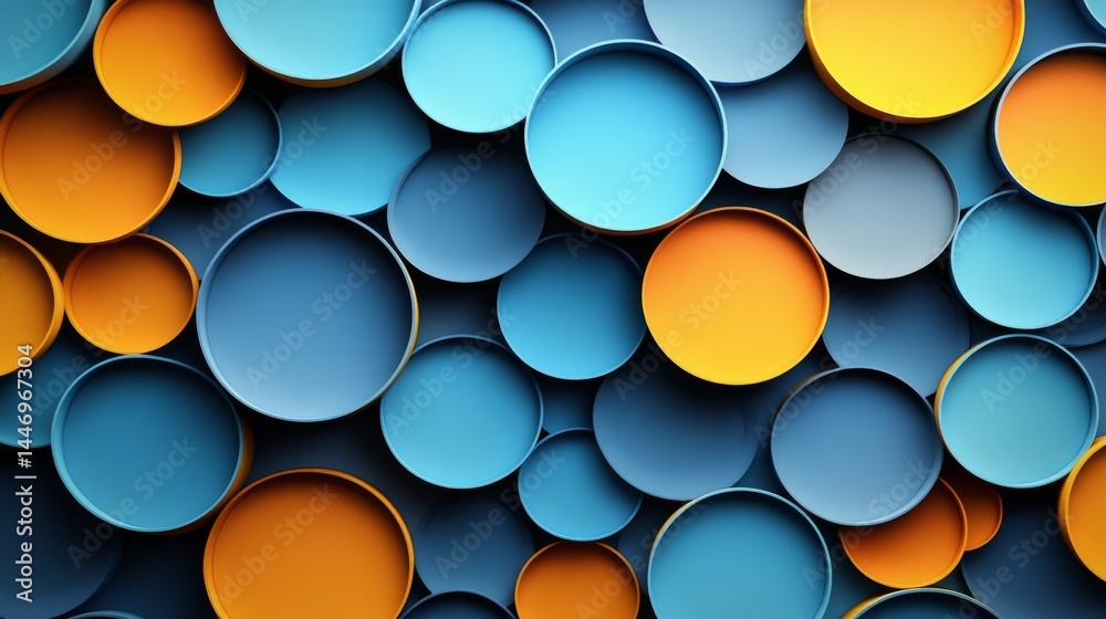 Poster abstract design with circular shapes interlocking in harmonious blue and yellow tones creating a 3d 