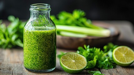 Fresh green celery juice blend in glass bottle