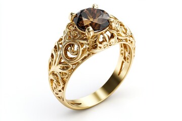 Elegant gold ring with a large, intricate, amber gemstone setting