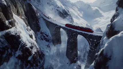 Aerial view of landwasser viaduct with a red train crossing over snowy mountains.