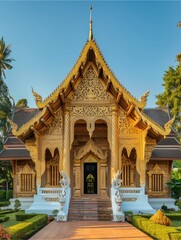 Golden Wat Phra Kaew temple in Bangkok Thailand with traditional Thai architecture and blue sky