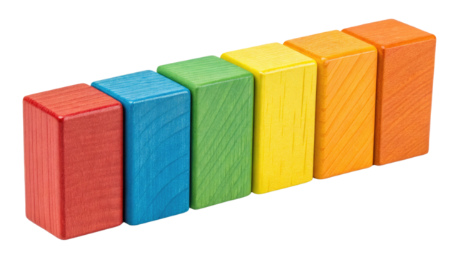 Set of colourful wooden blocks isolated on PNG white transparent background.