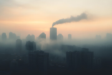Fototapeta premium Factory with smokestaks pumping smoke pollution emissions into air lack of environmental concern environment at sunset 