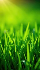 Fototapeta premium Emerald green grass, freshly cut, spring sunlight , blades, top view
