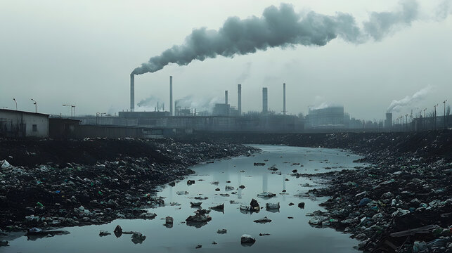 Factory with smokestaks pumping smoke pollution emissions into air lack of environmental concern environment at sunset	
