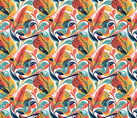 Abstract seamless vector design with floral line art and wave elements for textile decoration.