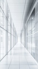 Obraz premium Sleek modern hallway featuring large glass windows and minimalistic design elements.