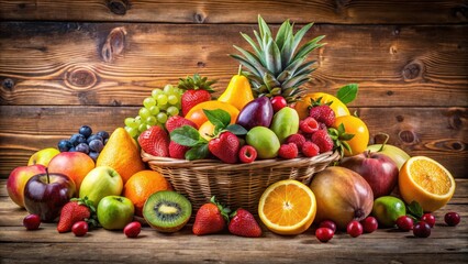 Vibrant colorful fruits arrangement on wooden table, kitchen decor, fruit display,  kitchen decor