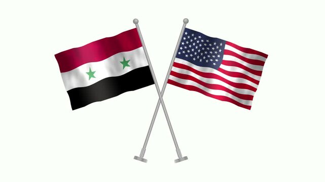 Flag of Syria and USA, Cross table flag of Syria and USA on white screen, Syria and USA 3D Animation flag waving in the wind isolated on white Background. 
