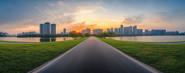 Plakat Sunset cityscape view from an empty road, leading to modern buildings across a lake with lush green grass