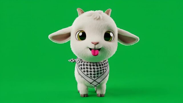 Adorable cartoon goat with patterned scarf against a solid green background