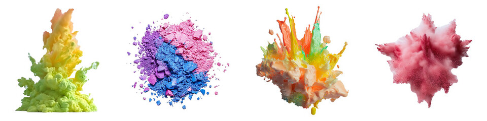Set of colorful paint color powder explosion isolated on transparent background