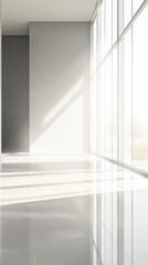 Obraz premium A bright, minimalistic interior space with large windows and polished floors.