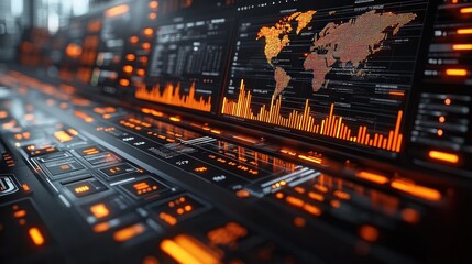 Futuristic interface with world map data charts and glowing orange lights.