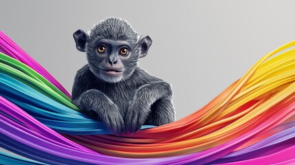 A charming young monkey playfully surrounded by vibrant, colorful waves.