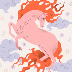 Fire horse, Chinese zodiac animal, post card. Lunar horoscope, elegant graceful equine mascot flying among clouds. Stallion with fiery mane in oriental fairytale, fantasy. Flat vector illustration