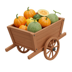 Wooden handcart filled with colorful fall pumpkins melons and squash