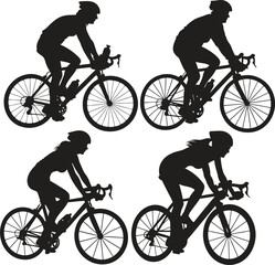 Silhouettes of Cyclists Racing – Black and White Vector Illustration Featuring Dynamic Poses, Detailed Bicycle Shapes, Minimalist Design, and Tour de France Inspired Sports Artwork