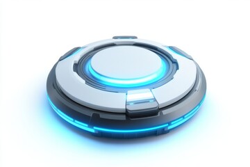 Futuristic, disc-shaped, technological object with glowing blue accents.  A sleek, modern design with layered components