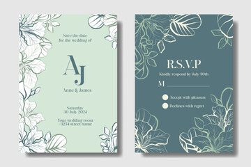Aesthetic wedding invitation design template with hand drawing Bauhinia flower. Slate Blue and Mint Green color theme